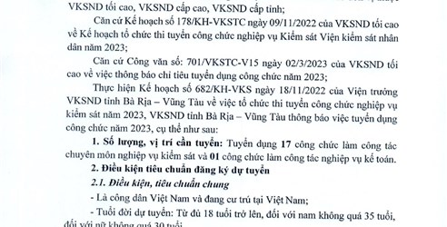Thông báo tuyển dụng công chức tại Viện kiểm sát nhân dân tỉnh Bà Rịa – Vũng Tàu năm 2023